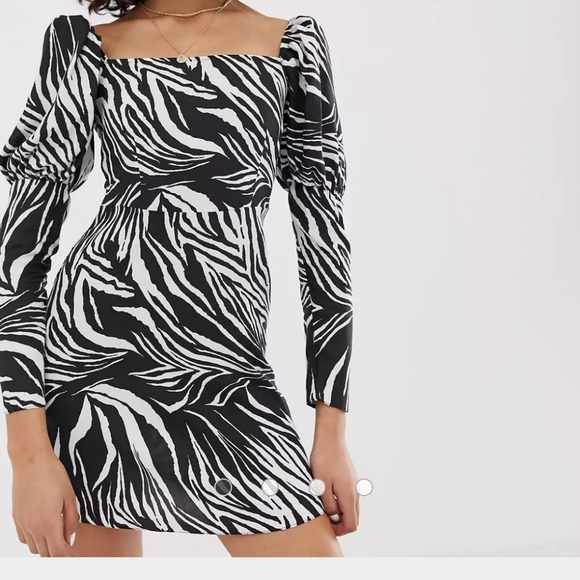 ASOS, Reclaimed Vintage, Zebra Print Puff Sleeve Dress, Black/White,‎ Size 8 - Picture 1 of 8